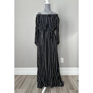 BILLABONG Off The Shoulder Long Sleeve Maxi Dress Black White Vertical Stripe